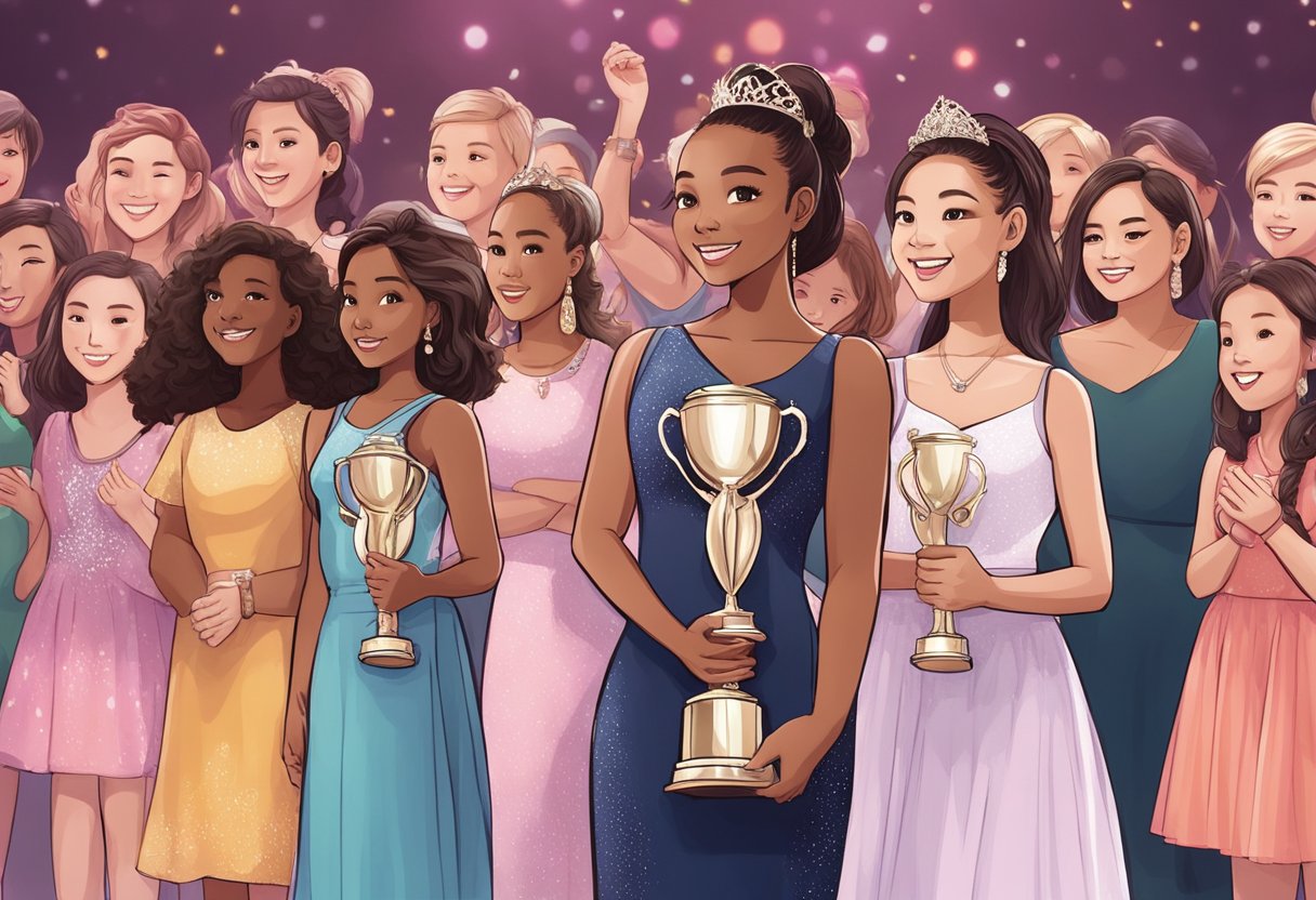 Asia from Dance Moms stands confidently on stage, surrounded by supportive peers. She holds a trophy, symbolizing her personal growth and successful brand building