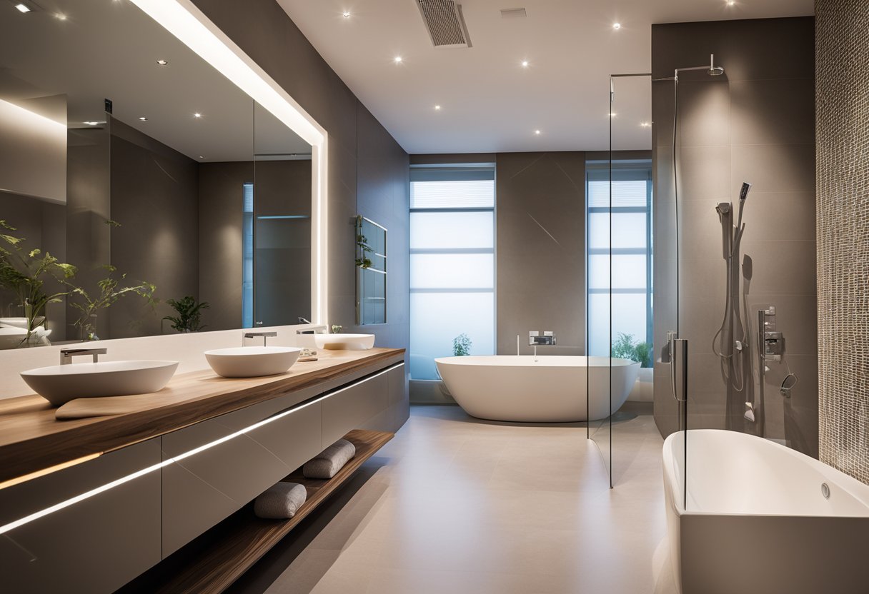 A sleek, modern bathroom with energy-saving features like motion-sensor faucets, LED lighting, and a smart thermostat controlling water temperature