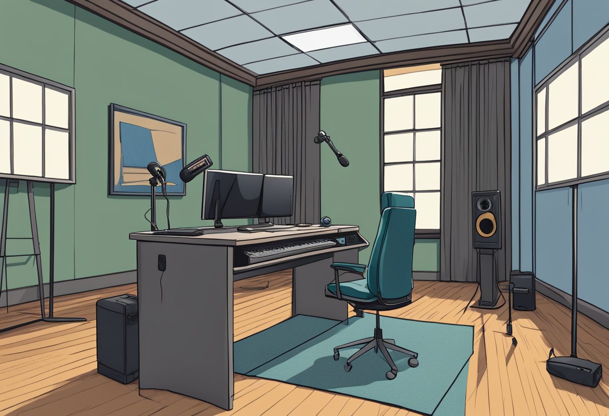 Chris McLean's voice actor is missing. Show a deserted recording studio with a vacant chair and a silent microphone