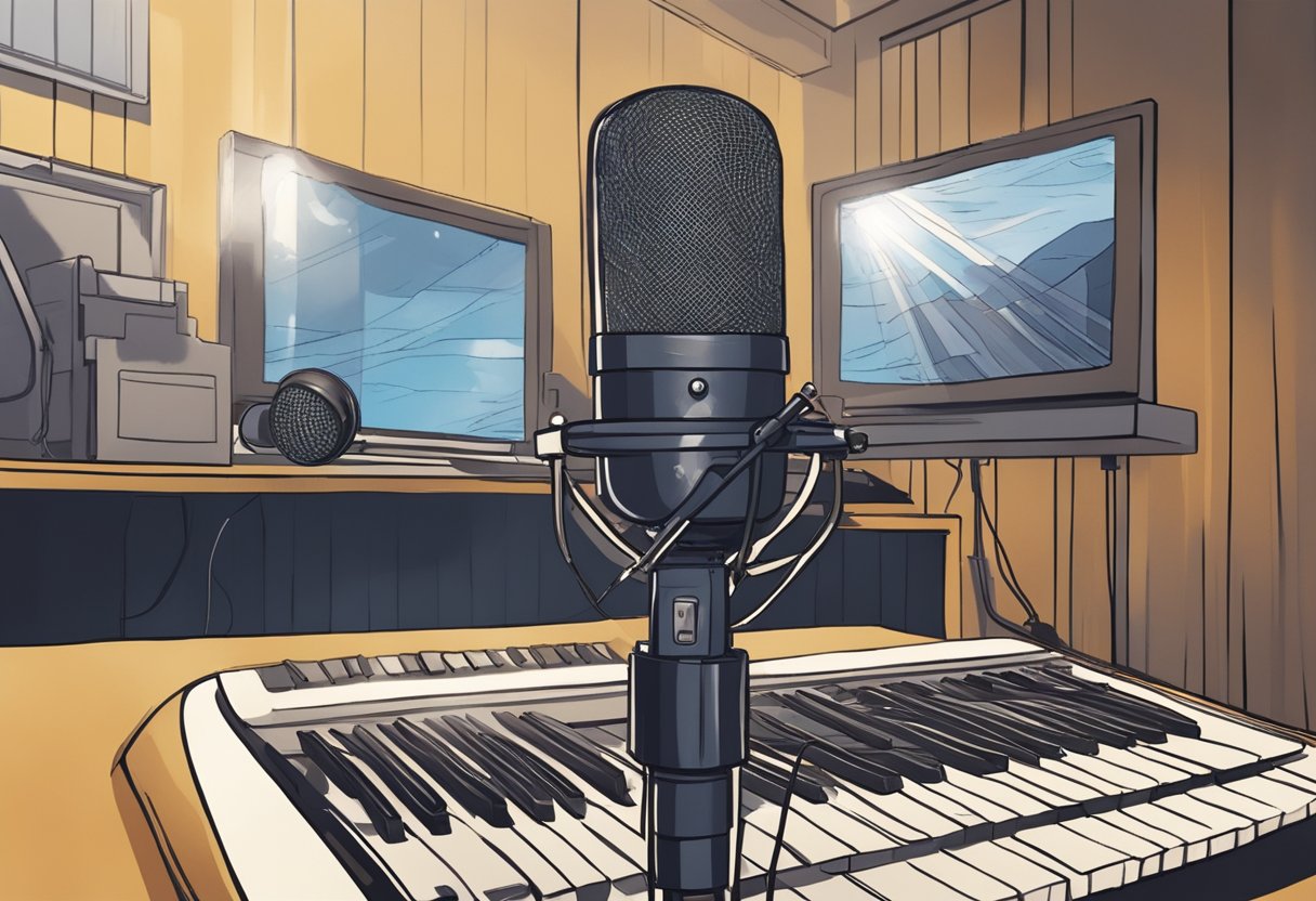 Christian Potenza's impact and legacy shown through a microphone symbolizing his voice acting career. A spotlight shines on it, highlighting its importance