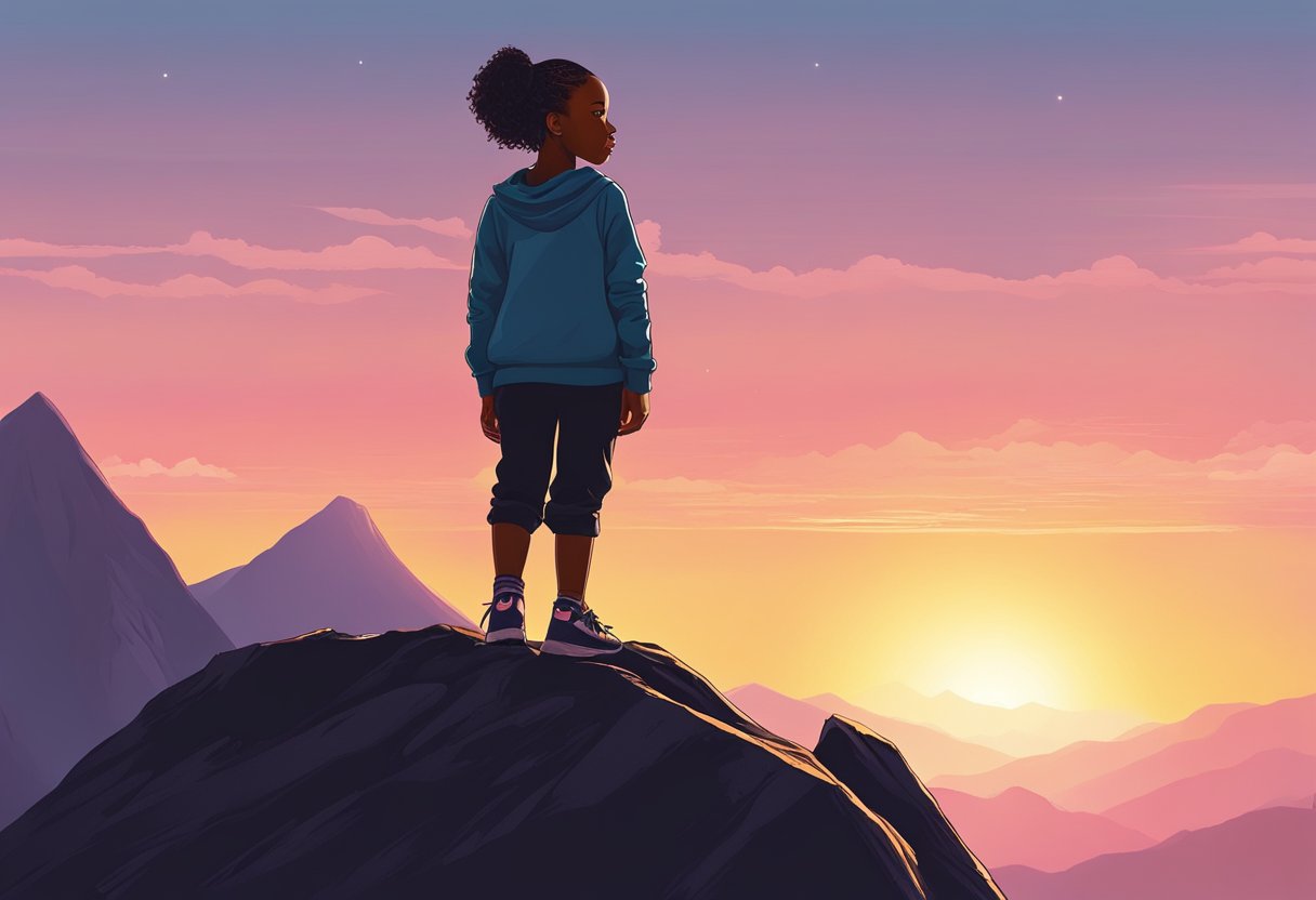 Lil Mama stands atop a mountain, her silhouette illuminated by the rising sun. The world below is dark, but she radiates hope and determination