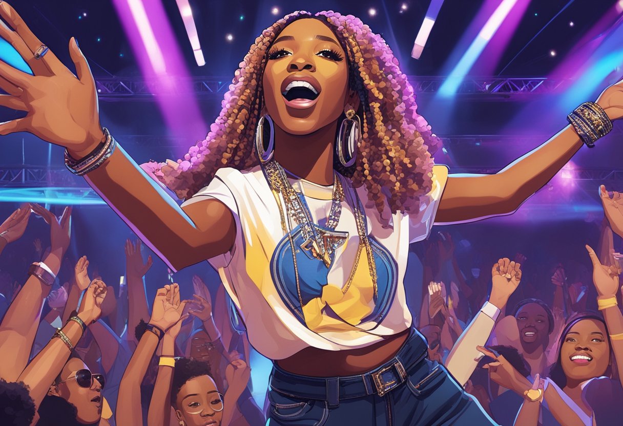 Lil Mama performing on stage, surrounded by bright lights and a cheering crowd. A television screen in the background shows her acting in a dramatic scene