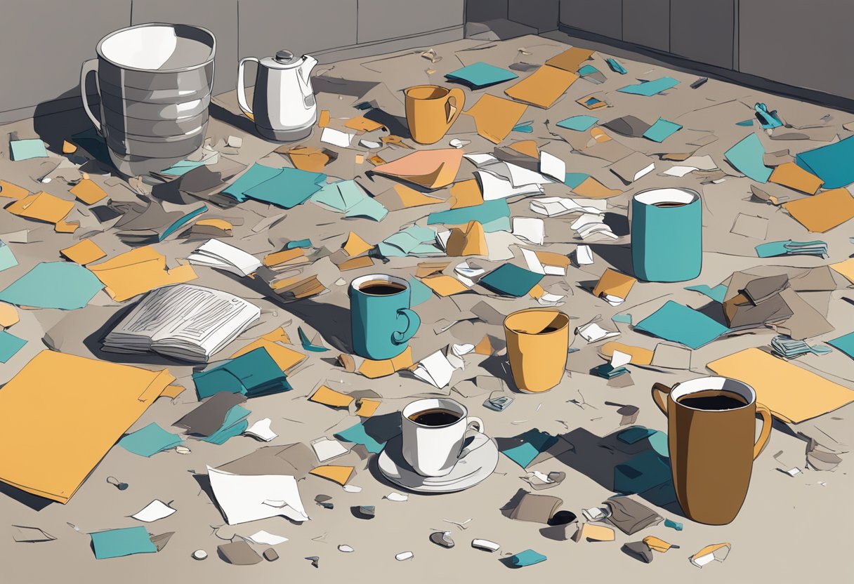 Hilary Rushford's scattered belongings lay on the floor, a broken vase and spilled coffee revealing a sudden, chaotic event