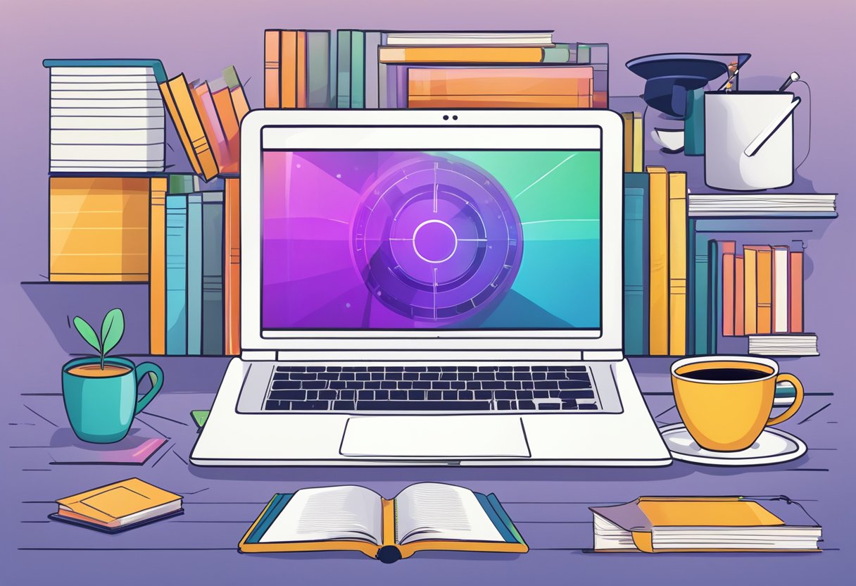 A laptop with a colorful, engaging online class interface, surrounded by books and a cup of coffee, symbolizing the pursuit of knowledge and personal growth