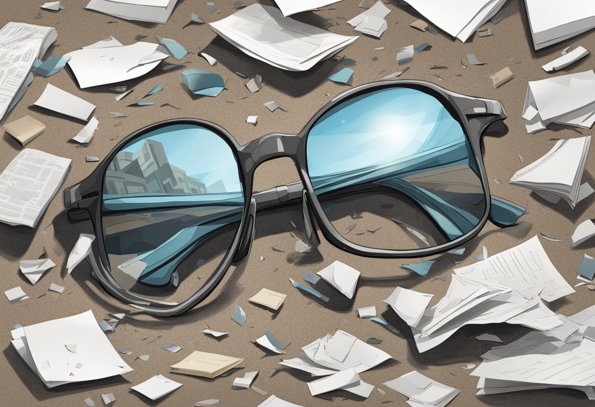 Edward Norton's glasses lay shattered on the ground, a trail of papers leading to an open window