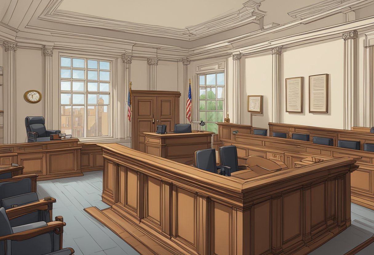 A courtroom with a gavel on a desk, legal books on shelves, and a sign reading "The Sheindlin Union."