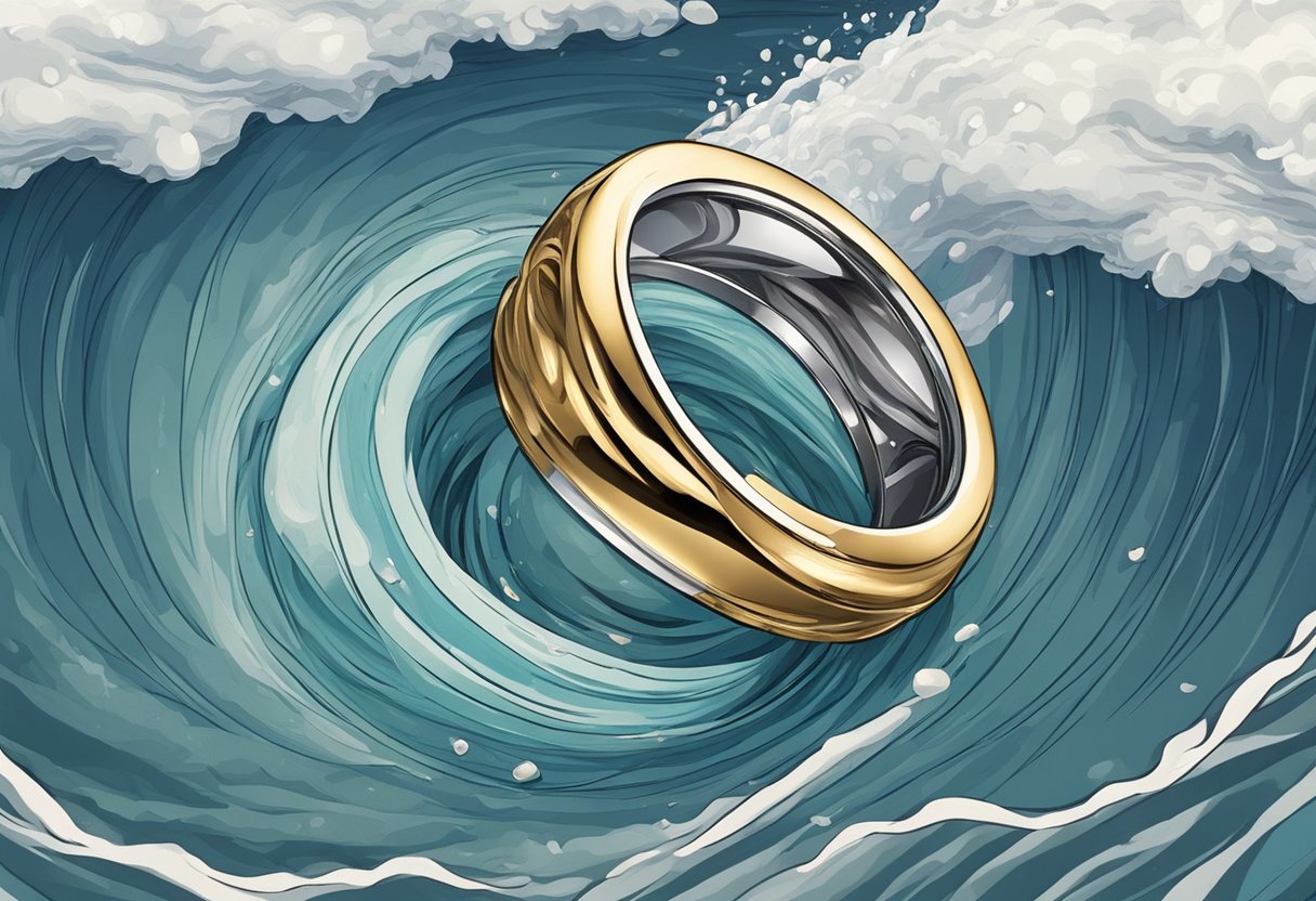 A wedding ring tossed into a stormy sea, sinking beneath the waves