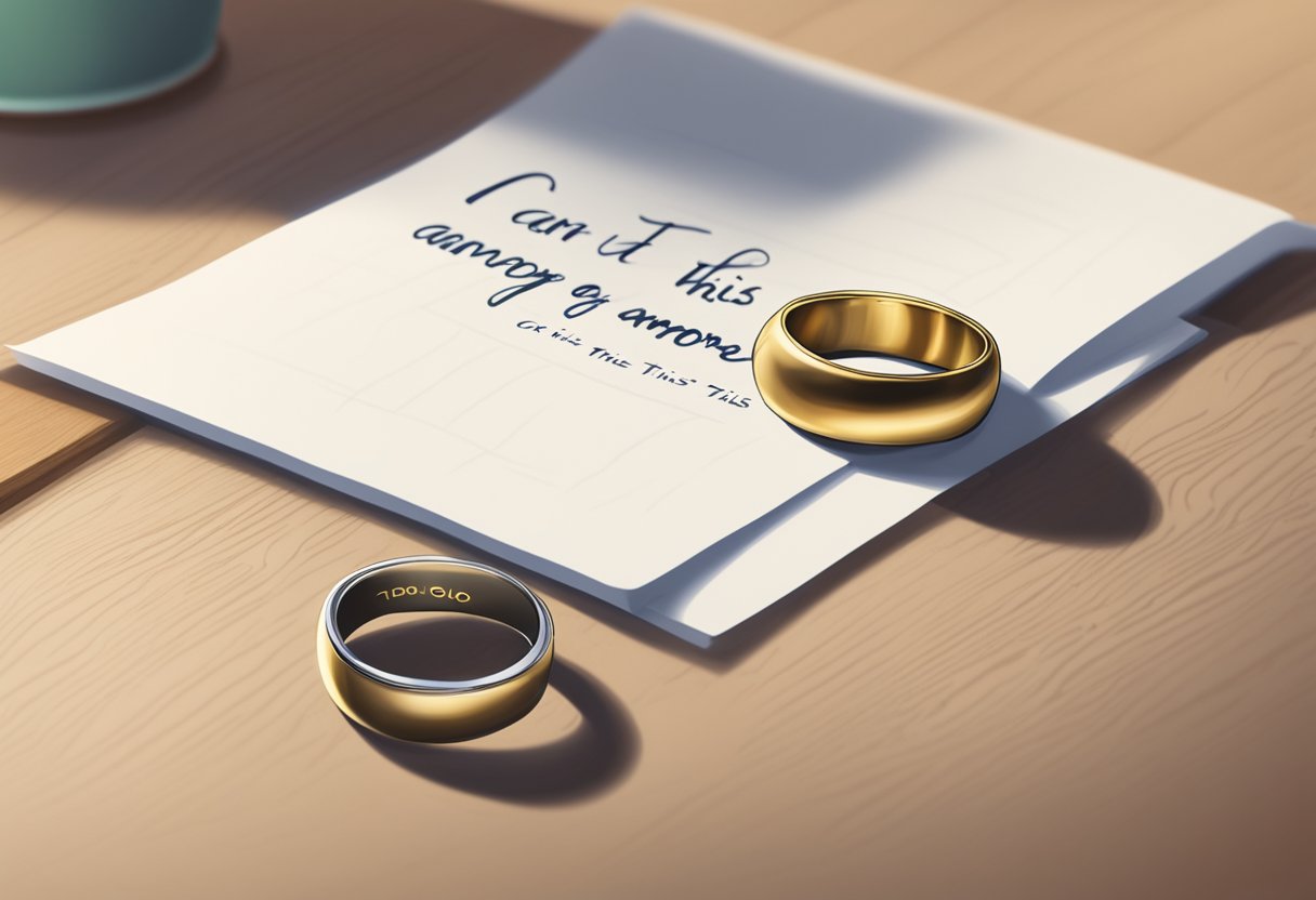 A wedding ring lies abandoned on a kitchen counter, next to a note that reads "I can't do this anymore."