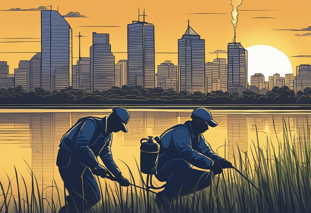 A technician sprays insecticide over a wetland in Sydney, targeting mosquito breeding sites. The sun sets behind the city skyline, casting a warm glow over the scene