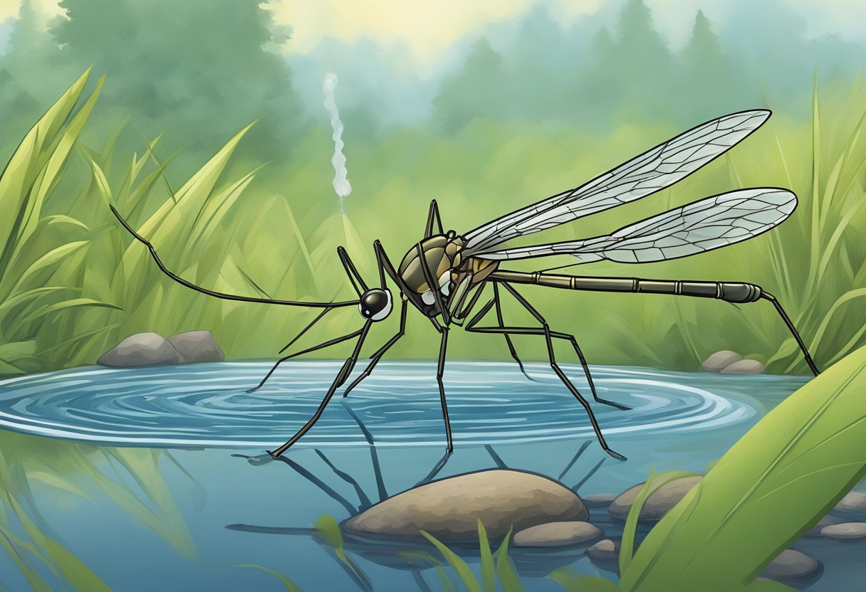 A mosquito hovers over a stagnant pool of water, its long proboscis poised to feed. Nearby, a mosquito control technician sprays pesticide to eliminate breeding sites