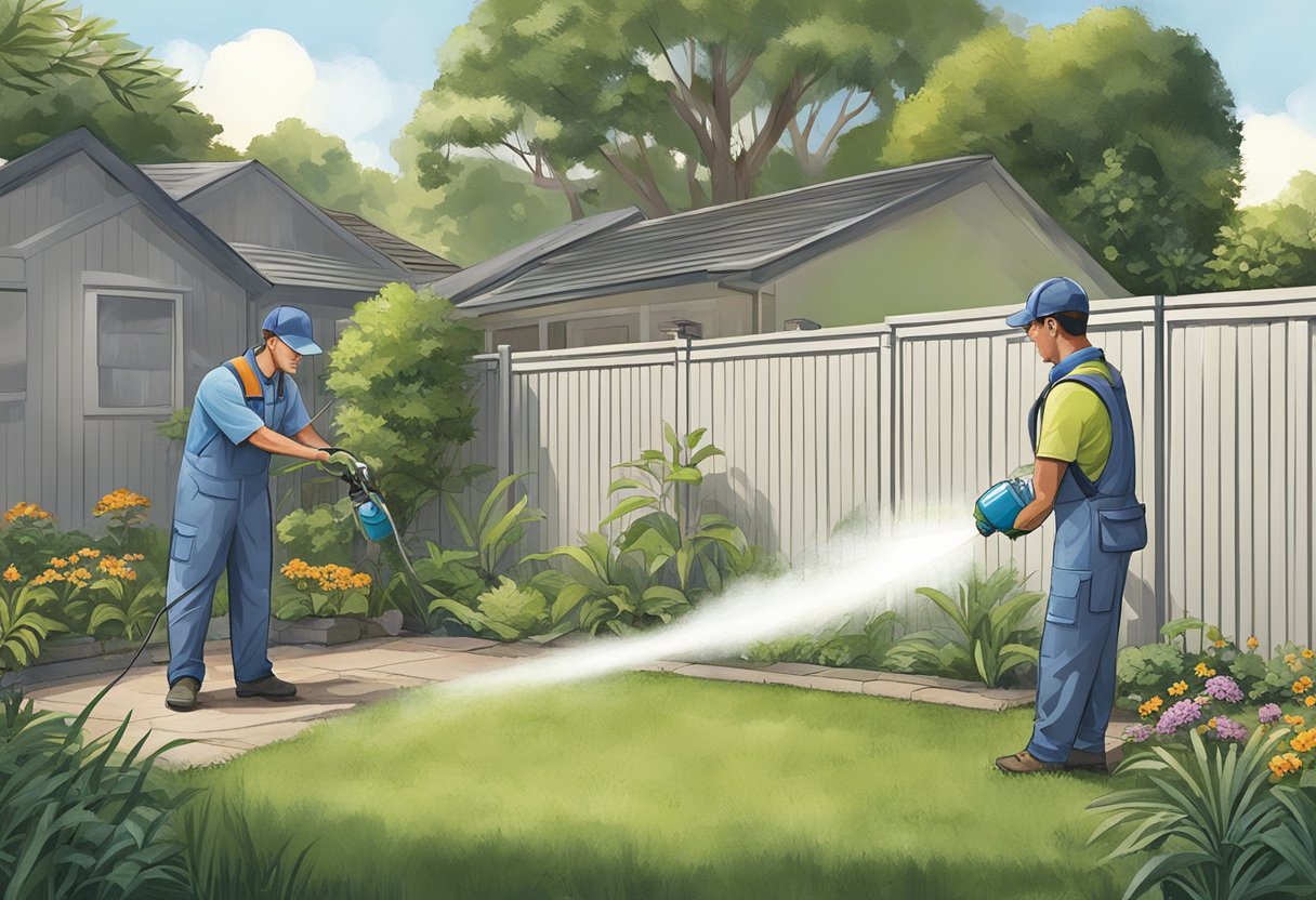 A mosquito control worker sprays insecticide in a backyard, while a technician installs mosquito traps around the perimeter of a property in Sydney