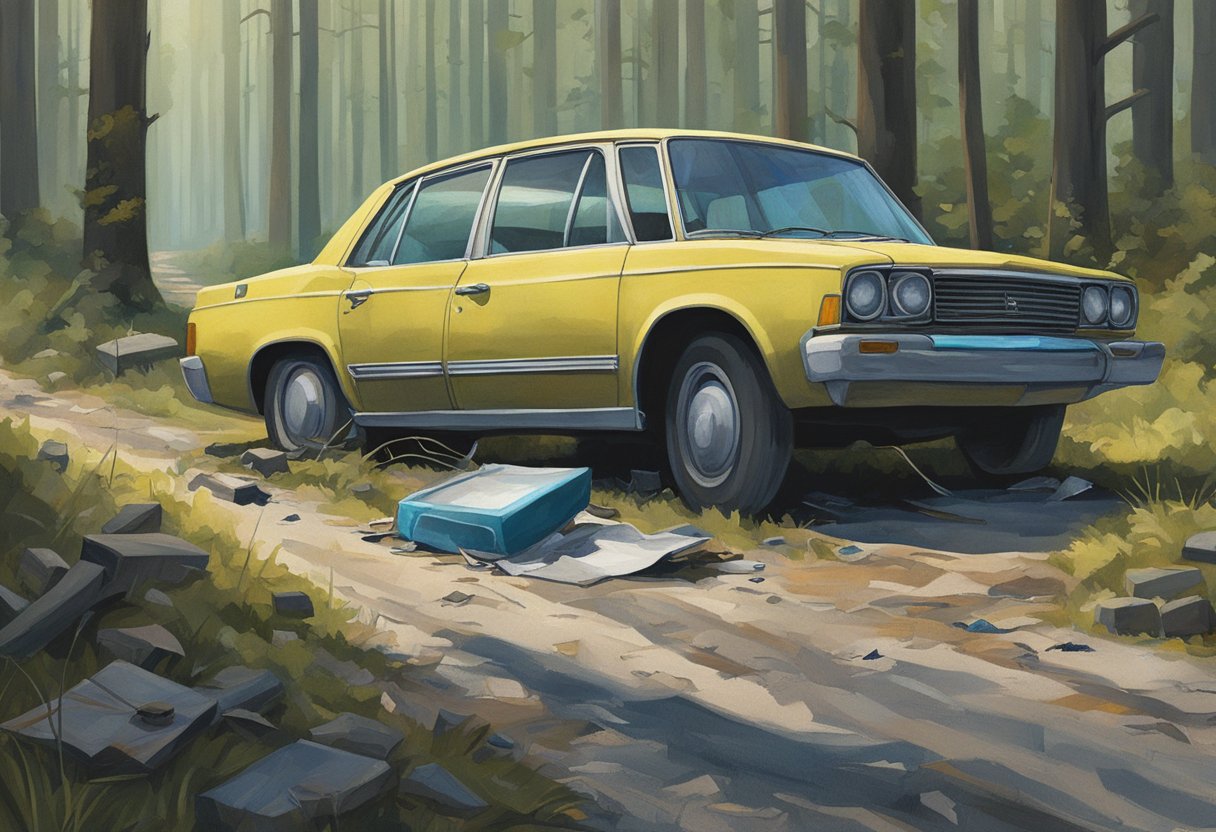 Jennifer Lamb's abandoned car sits by the side of a deserted road, with a shattered window and scattered belongings. A trail of footprints leads into the dense forest
