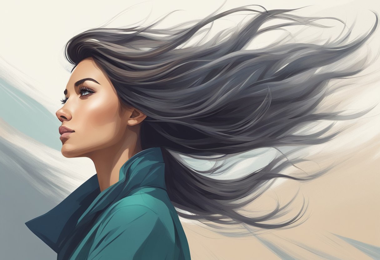 A woman's profile, hair blowing in the wind, gazing into the distance with a look of concern on her face