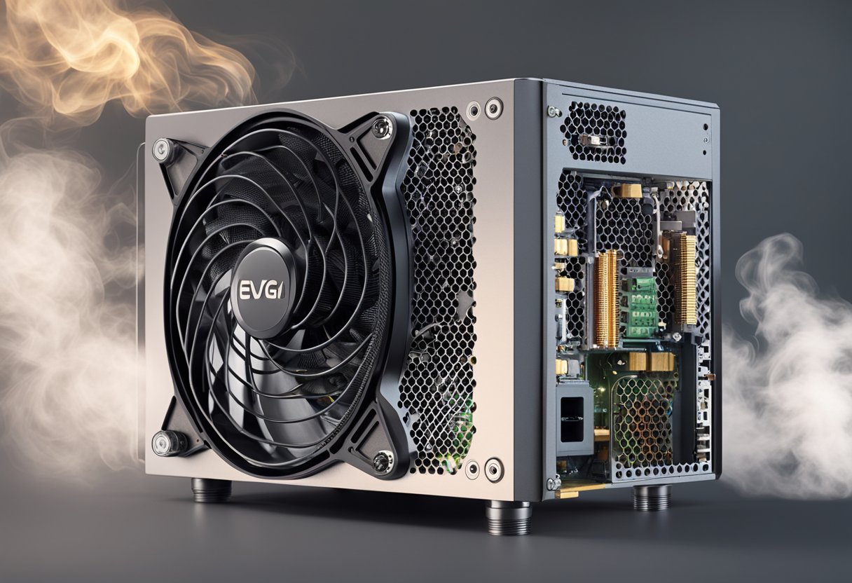 The EVGA computer suddenly shut down, emitting a puff of smoke and a small spark from its power supply unit