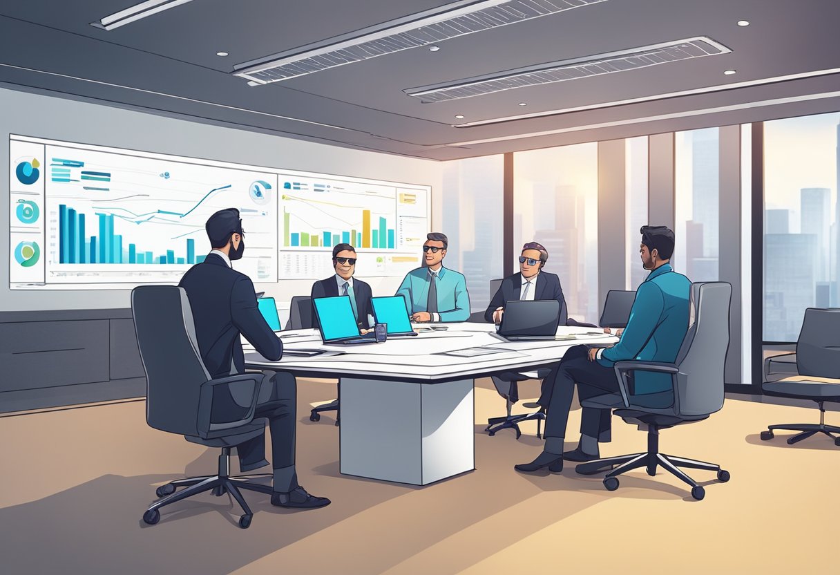 EVGA executives discussing company strategy in a sleek, modern boardroom. Charts and graphs displayed on a large screen, while the executives engage in animated conversation