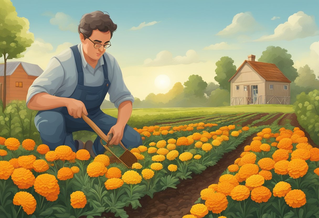 A gardener plants marigolds around crops to deter caterpillars