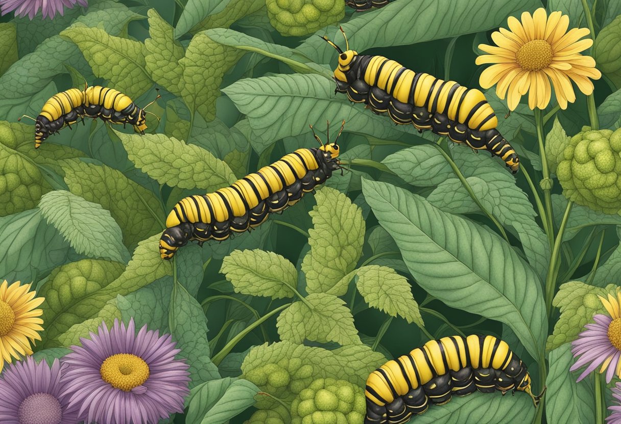 Caterpillars are being controlled using biological and chemical methods in a garden setting