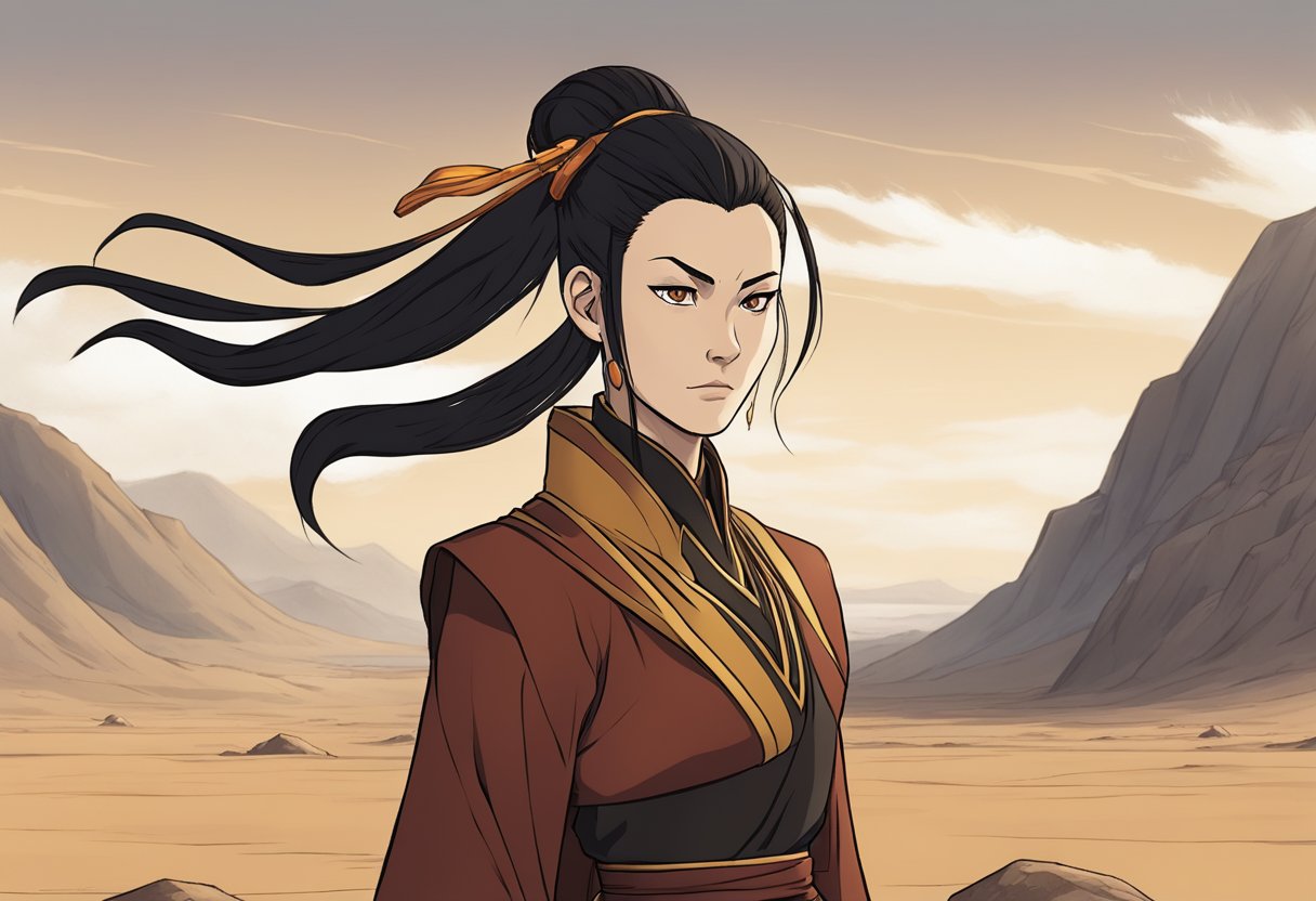 Azula wanders aimlessly through a desolate landscape, her once proud and confident demeanor replaced by a haunted and lost expression