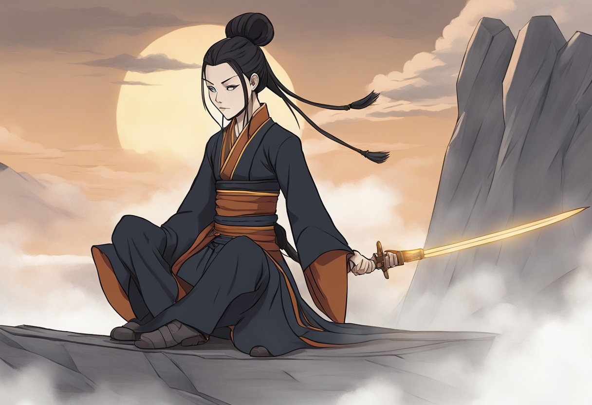 Azula sits alone, surrounded by darkness. Her once powerful demeanor is now replaced with a sense of loneliness and despair. The weight of her past actions weighs heavily on her as she reflects on her fractured relationships