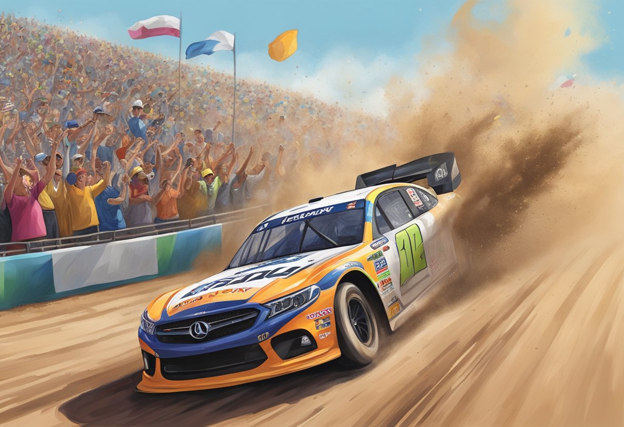 Lizzy Musi's car speeds past the finish line, leaving her opponents in the dust. The crowd erupts in cheers as she celebrates her victory on the track