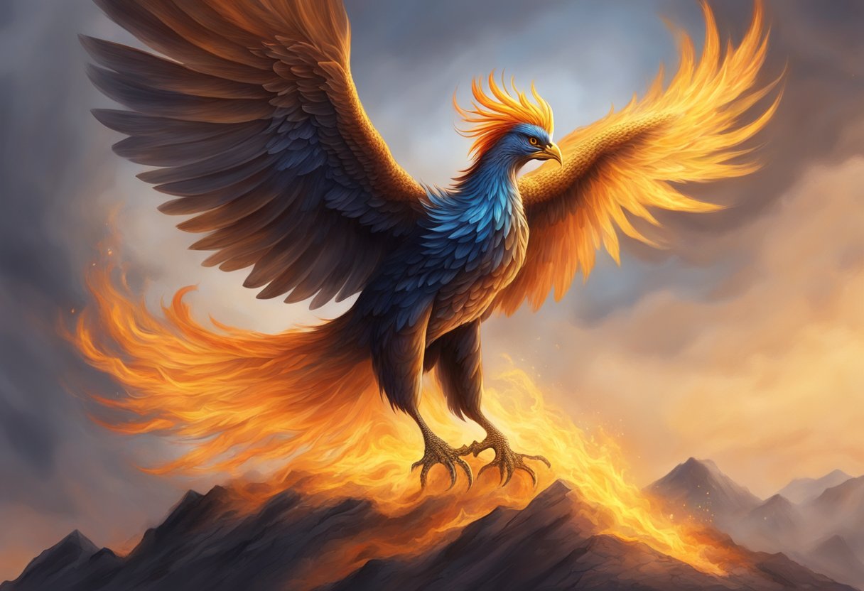 A phoenix emerges from smoldering ashes, symbolizing the resilience and rebirth after adversity