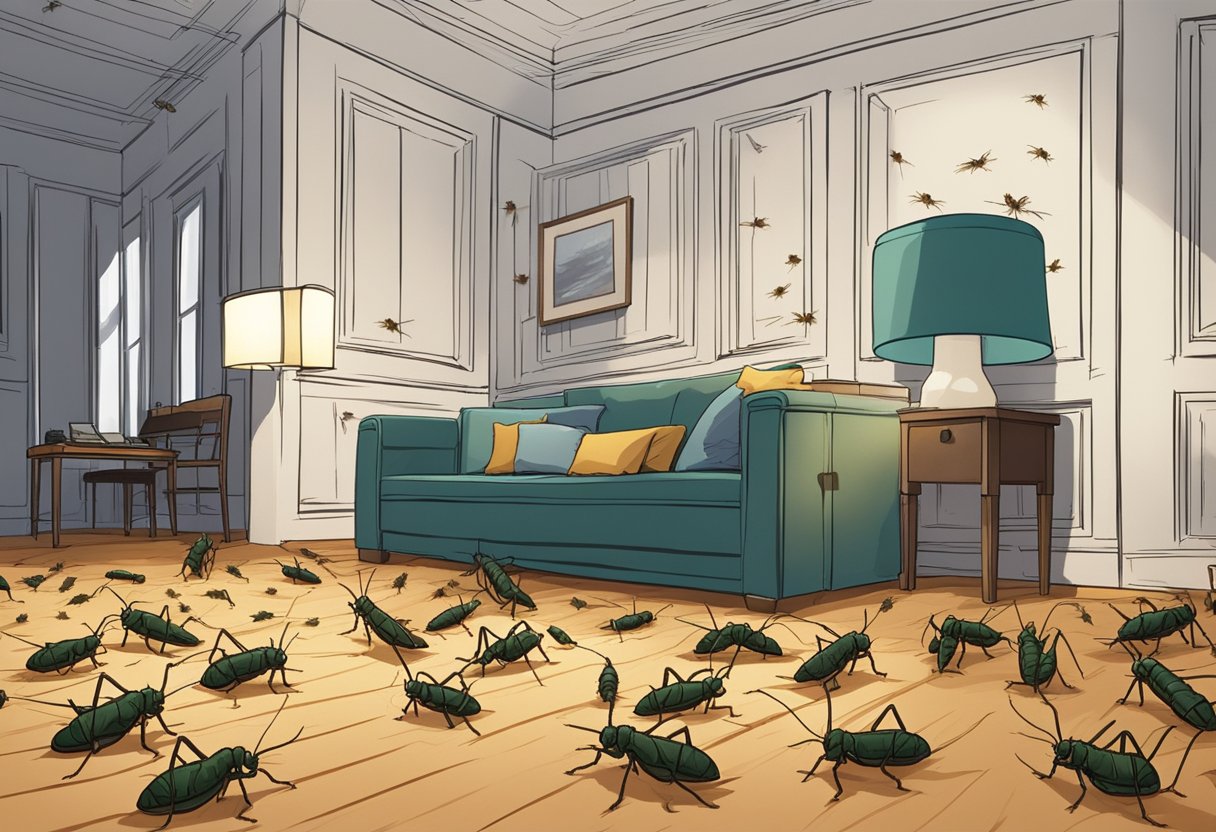 A swarm of crickets covers the floor, walls, and ceilings of a dimly lit room. The sound of their chirping fills the air as they crawl over furniture and belongings