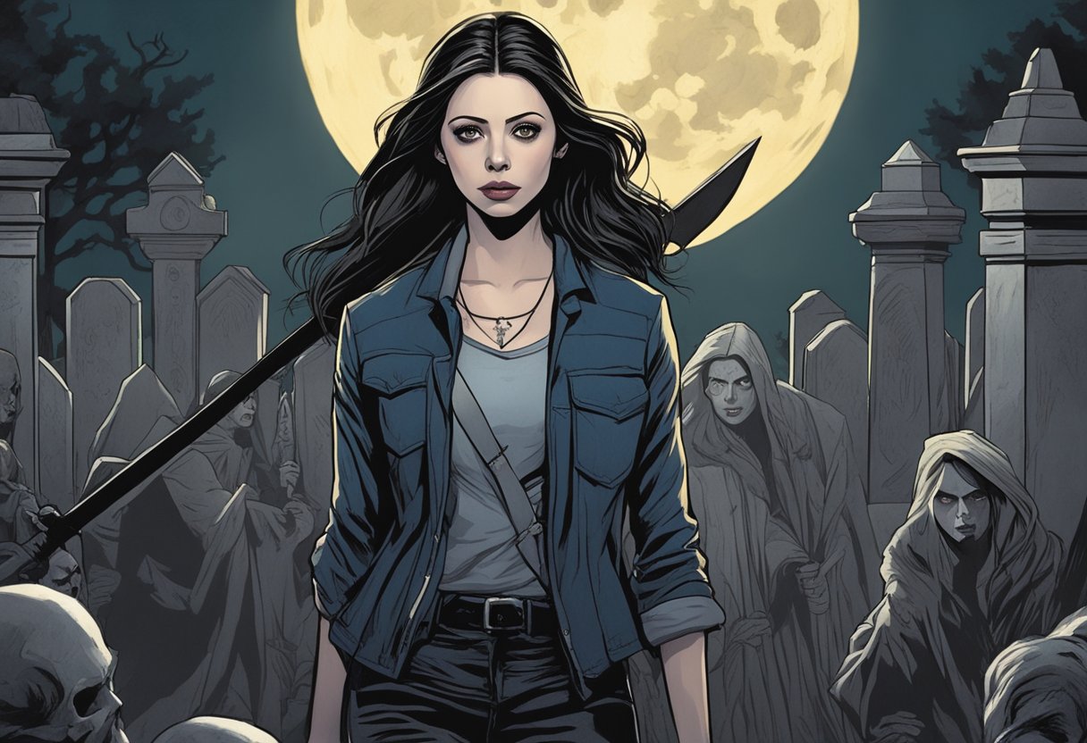 Michelle Trachtenberg's character Dawn stands in the graveyard, surrounded by vampires. She wields a wooden stake, ready to defend herself. The moonlight casts eerie shadows as she prepares for battle