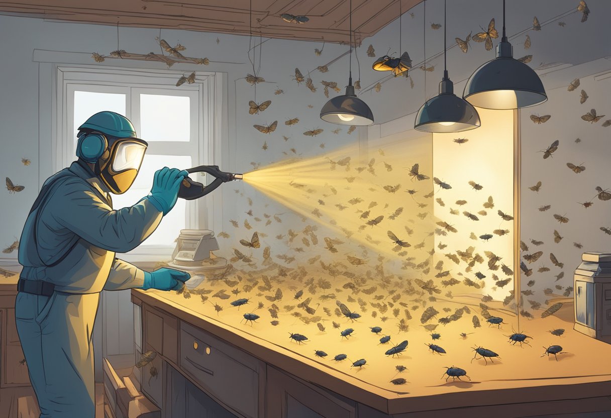 Moths swarm around a bright light, while a pest control technician sprays insecticide in a dimly lit room