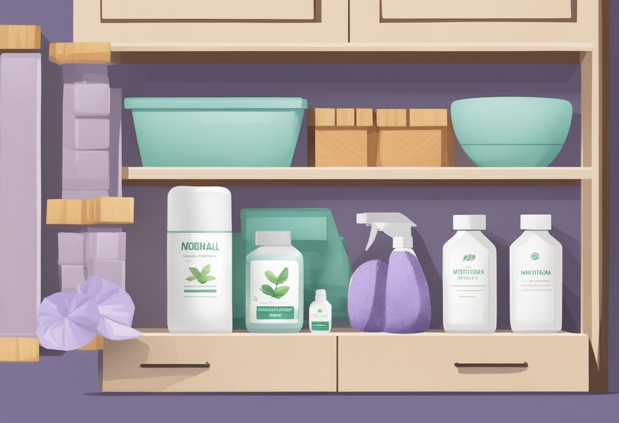 A home interior with moth repellent products placed strategically in closets and drawers, with mothballs, cedar blocks, and lavender sachets visible