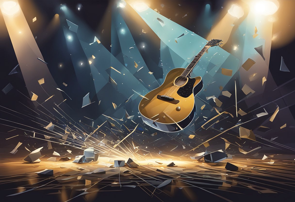 Keith Urban's guitar lay broken on the stage, surrounded by scattered strings and shattered pieces. A single spotlight illuminated the scene, casting long shadows across the empty concert hall