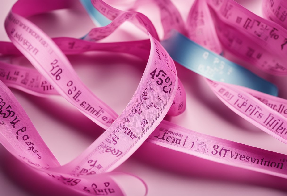 A pink ribbon surrounded by supportive symbols and medical imagery