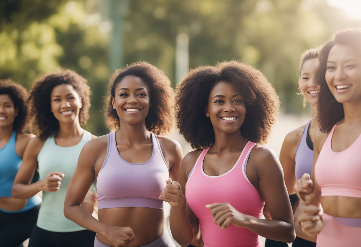 A group of diverse women engage in healthy activities like exercise and eating well to prevent breast cancer