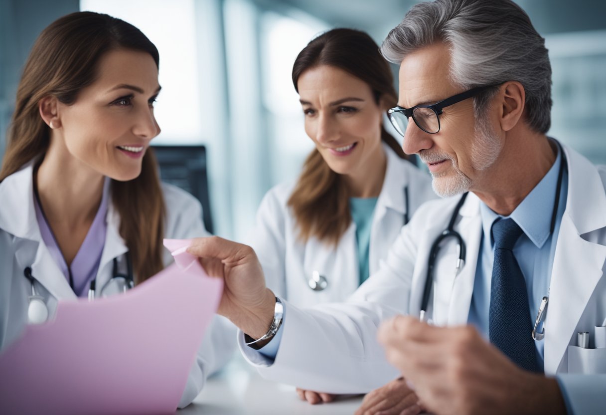 A doctor reviews mammogram results and consults with colleagues to stage breast cancer