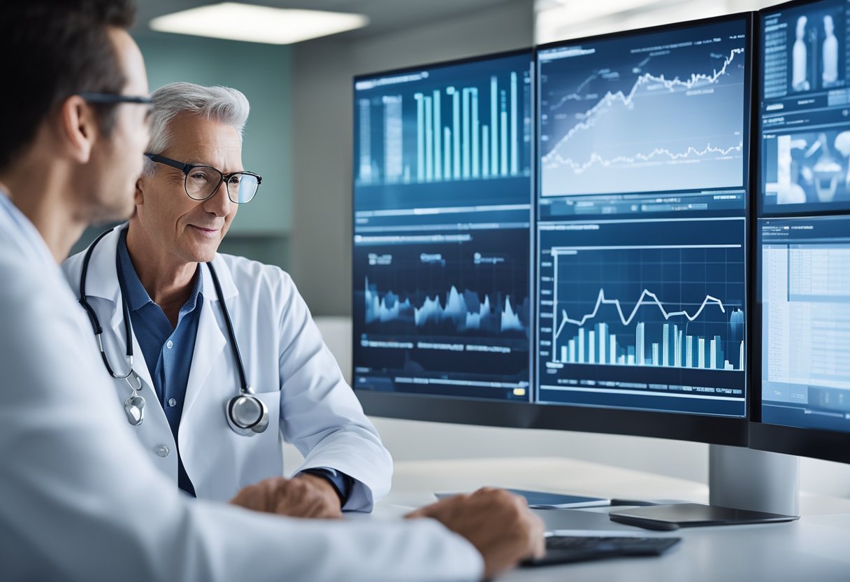 A doctor discusses treatment options with a patient in a bright, modern clinic. Charts and diagrams line the walls, and a computer screen displays medical images