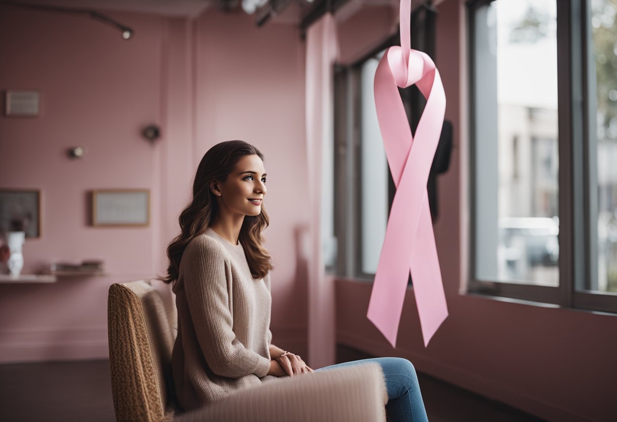 A woman sits in a quiet room, surrounded by supportive friends and family. A pink ribbon hangs on the wall, symbolizing hope and strength