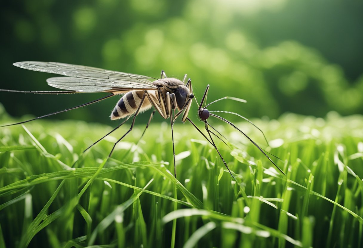 A mosquito hovers over a rice paddy, transmitting Japanese Encephalitis virus to a grazing pig. The pig displays neurological symptoms such as tremors and paralysis