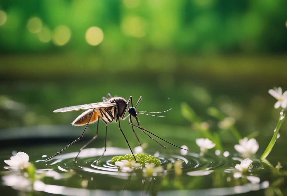 A mosquito hovers over a stagnant pool, with a pig and bird nearby, representing the transmission cycle of Japanese encephalitis virus