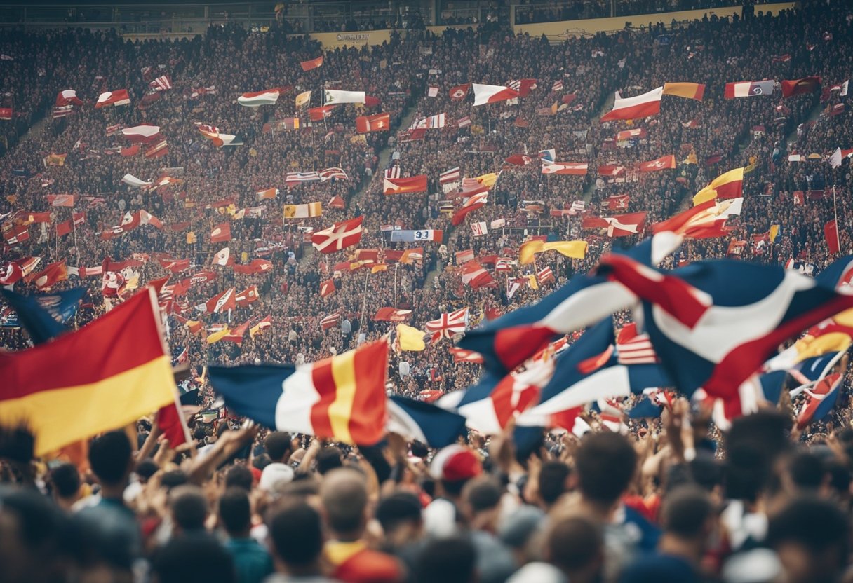 A packed stadium with flags waving, players battling on the pitch, and fans cheering passionately, showcasing the historical significance of top football leagues