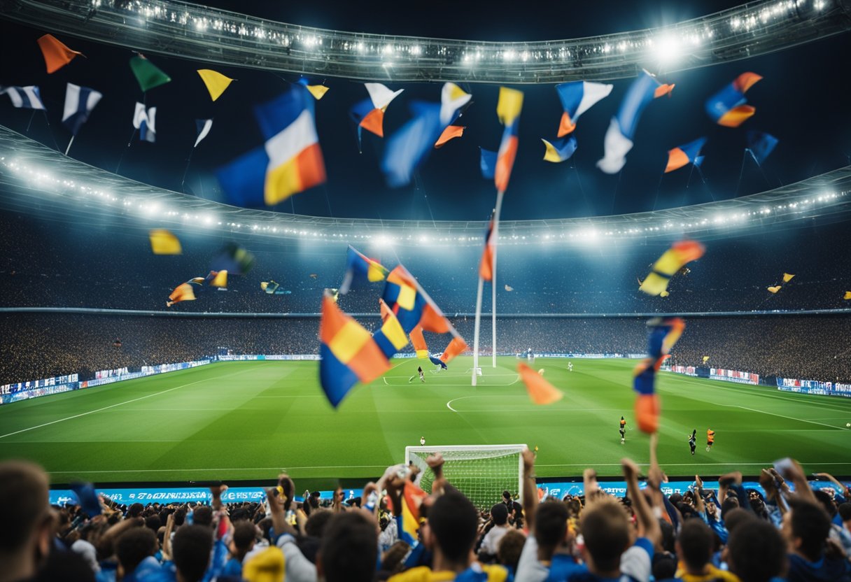 A crowded stadium with colorful flags and banners, showcasing the excitement and passion of fans during a UEFA Champions League match