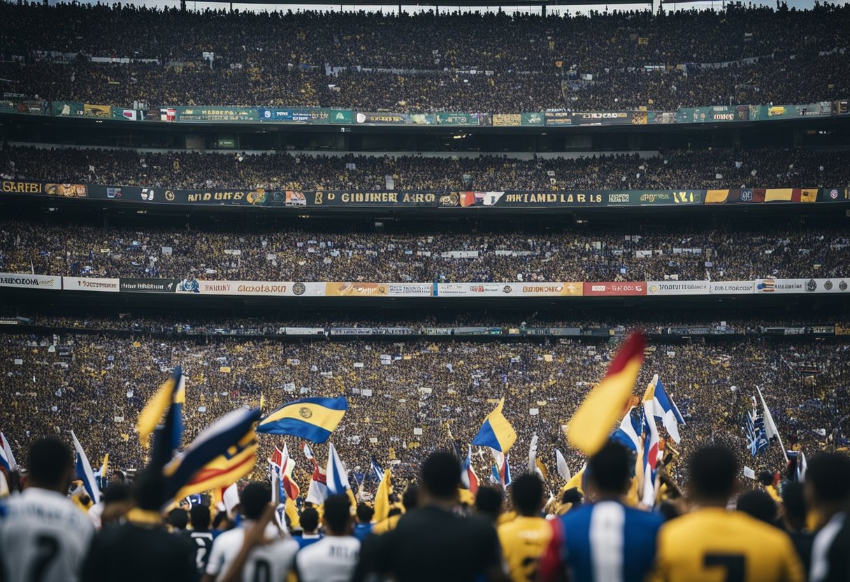 A packed stadium with flags waving, fans cheering, and players battling on the field in a high-stakes CONMEBOL Libertadores match