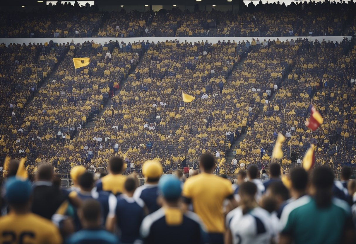 A packed stadium with cheering fans, flags waving, and players battling it out on the field in a high-stakes football match