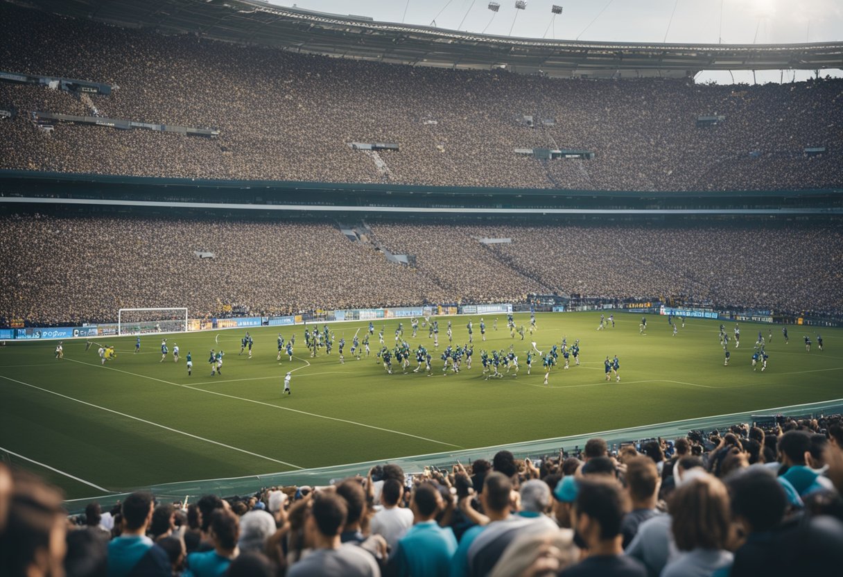 A crowded stadium with cheering fans, colorful team banners, and players in action on the field