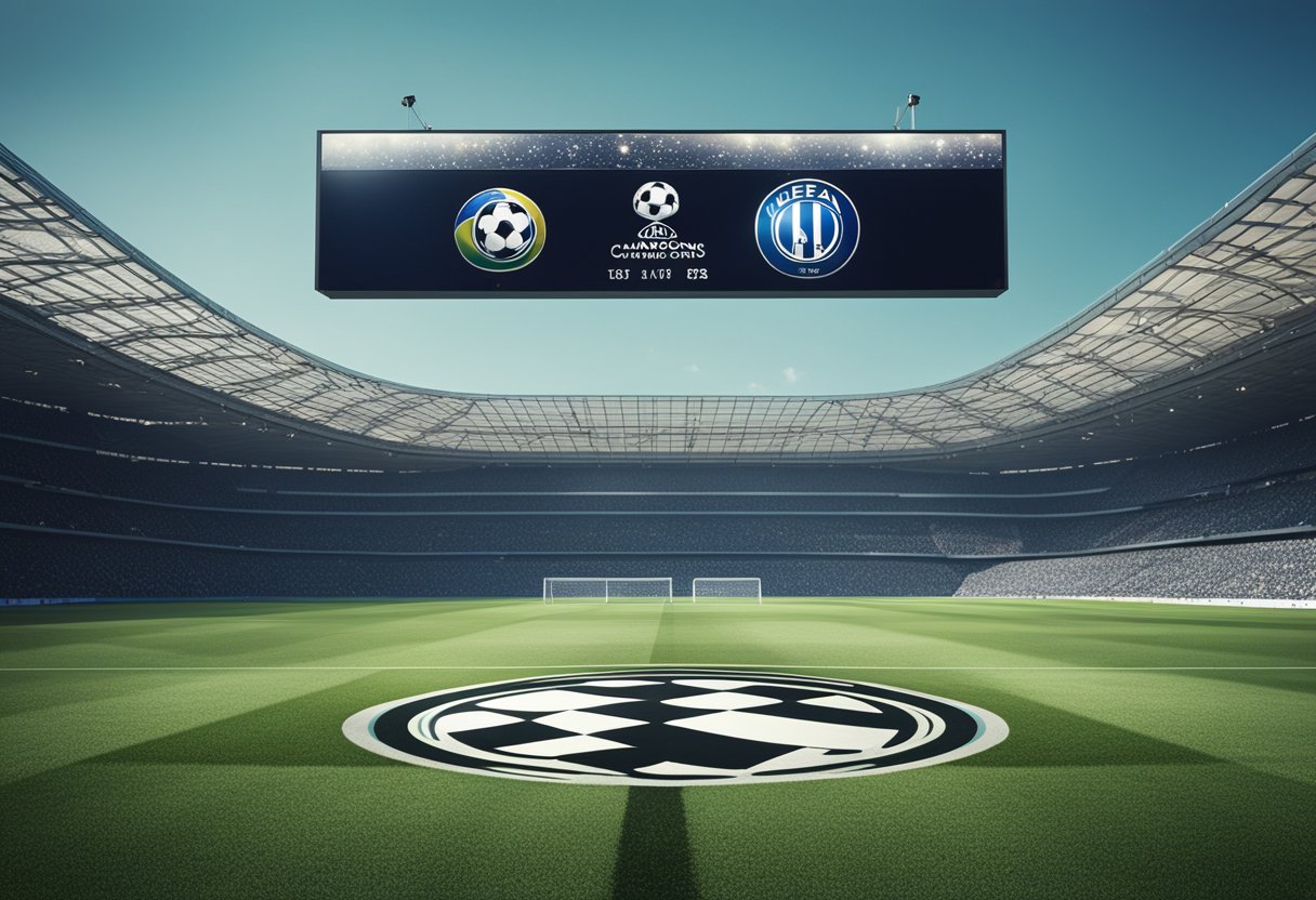 A soccer field with two teams competing, with a scoreboard displaying the UEFA Champions League logo