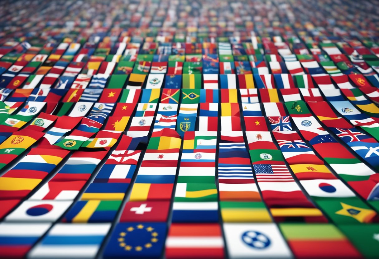 Soccer stadium with teams competing. Flags of different countries. Excited fans in the stands. UEFA Champions League logo displayed prominently