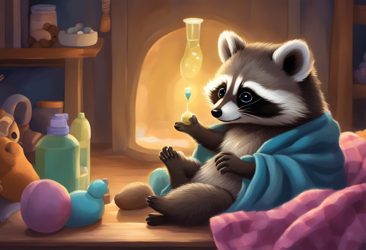 A baby raccoon being fed with a bottle, nestled in a cozy blanket, surrounded by soft toys and a warm, dimly lit environment
