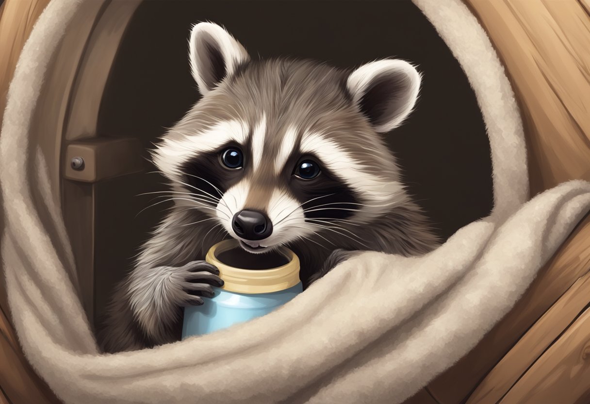 A baby raccoon being fed with a bottle of milk, nestled in a cozy blanket in a safe and warm environment