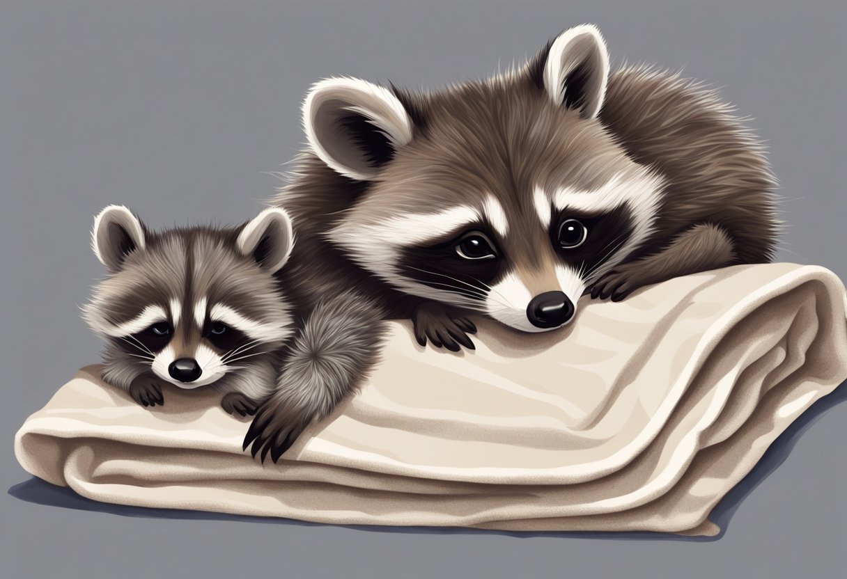 A baby raccoon lies on a soft blanket, its eyes closed and tiny paws curled under its body. A concerned adult raccoon hovers nearby, gently nudging the baby with its nose