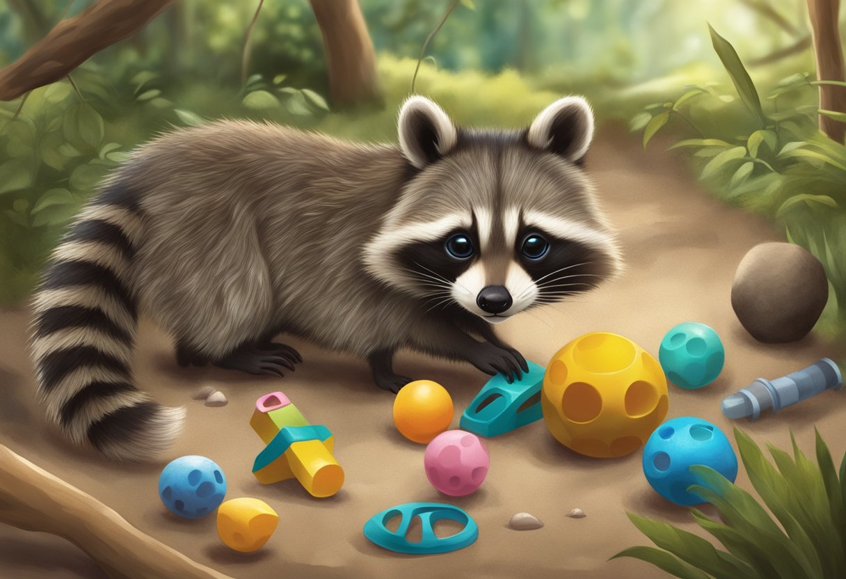 A baby raccoon playing with toys and interacting with other animals in a natural, enriching environment