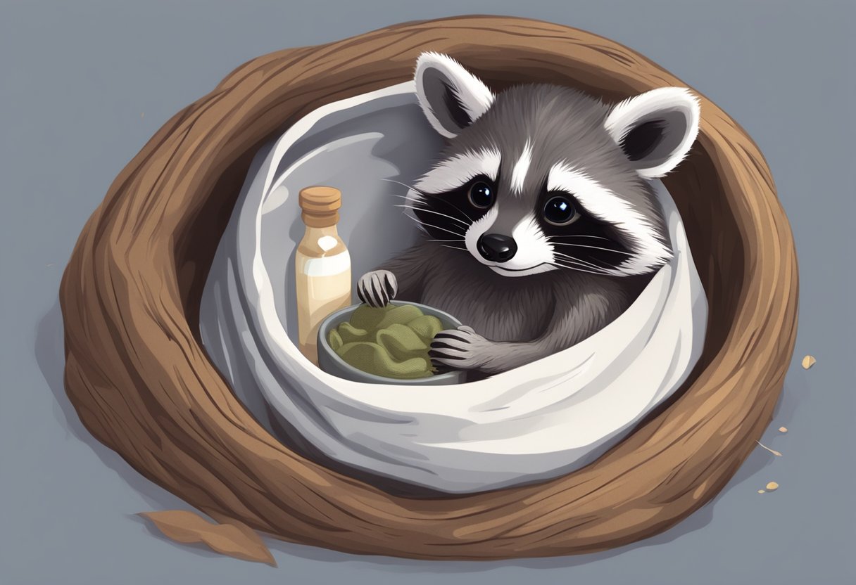A raccoon sits in a cozy nest of blankets, with a small bowl of milk nearby. A caregiver holds a tiny bottle, ready to feed the baby raccoon