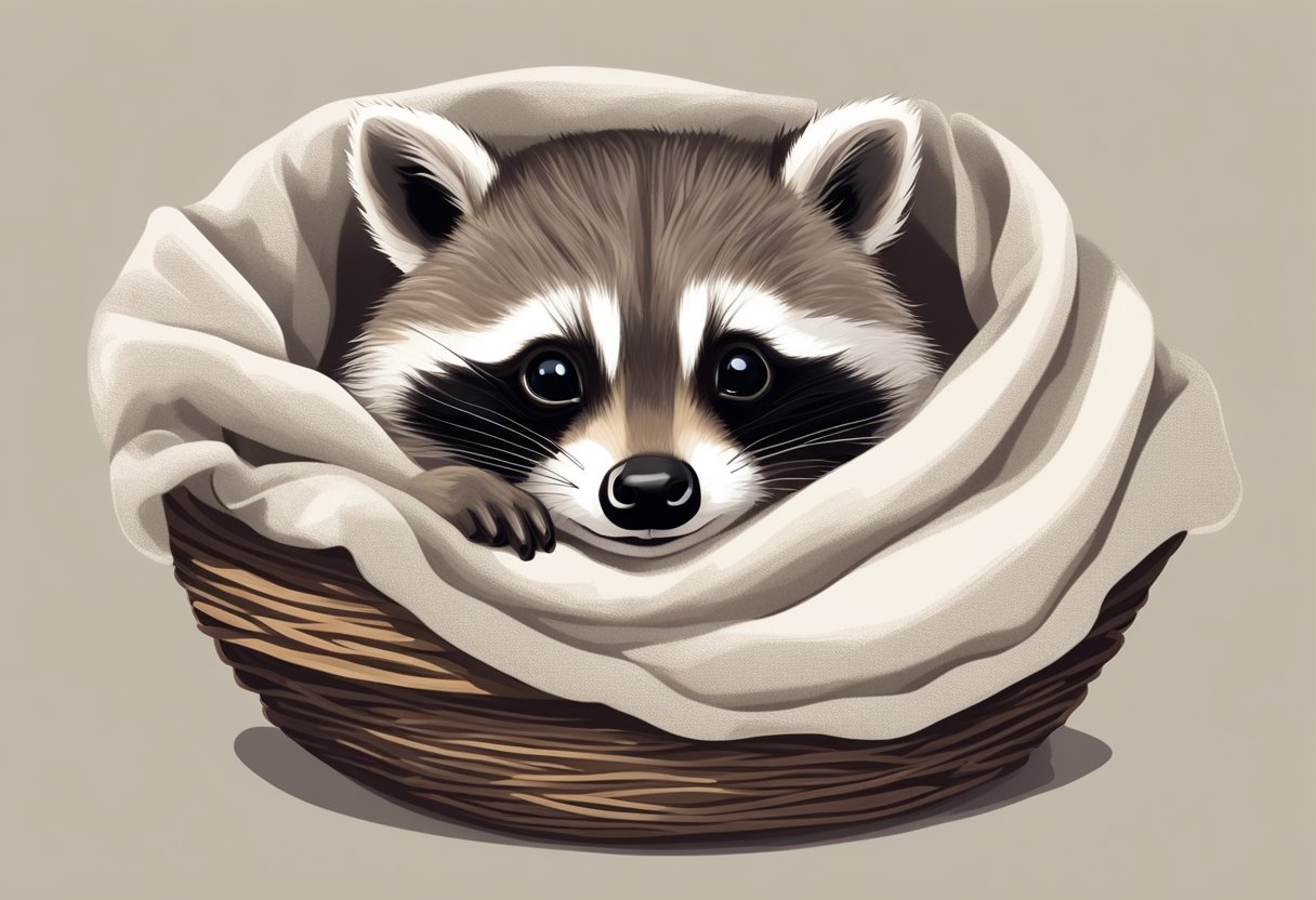 A raccoon kit is gently cradled in a nest of soft blankets, being fed with a tiny bottle of milk formula